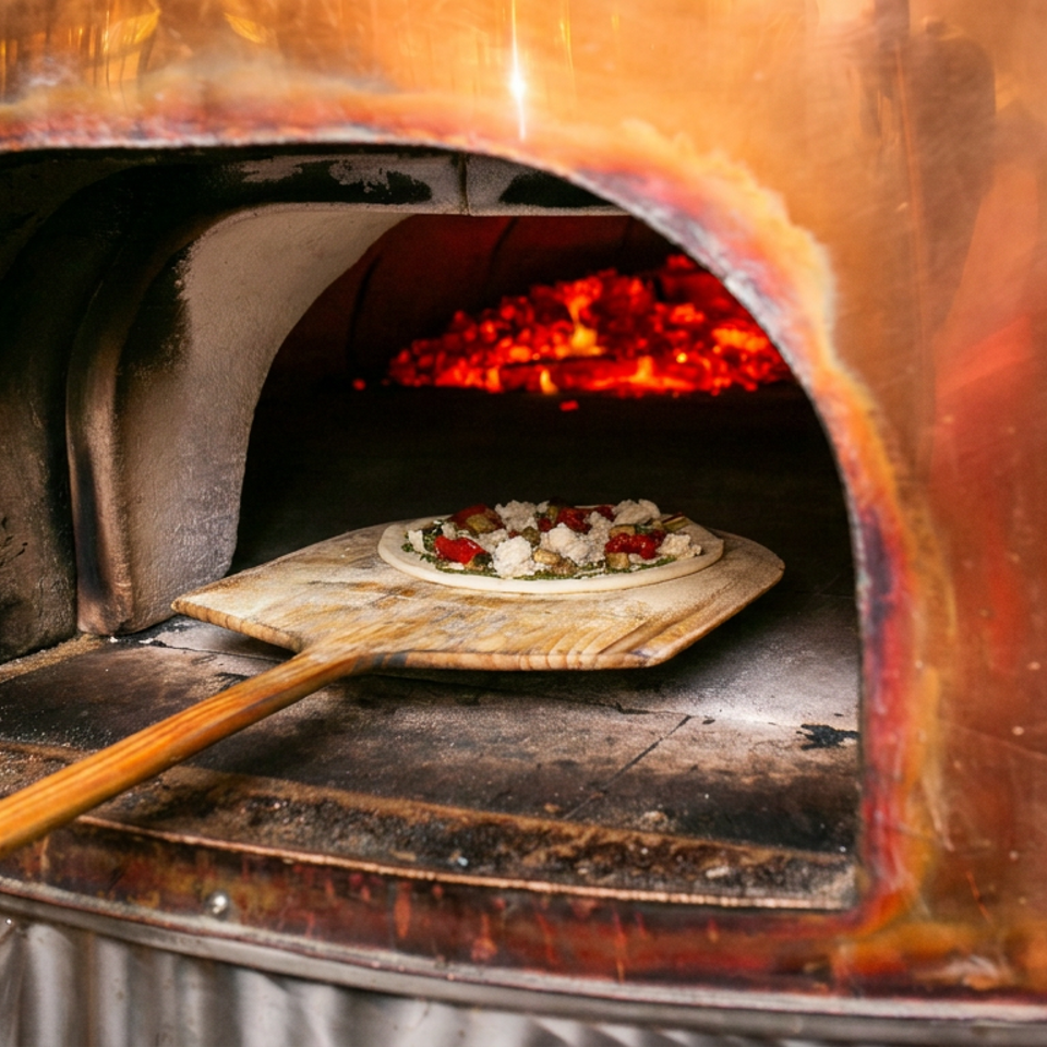 Small topped pizza rests on a wooden peel inside a glowing wood-fired oven.