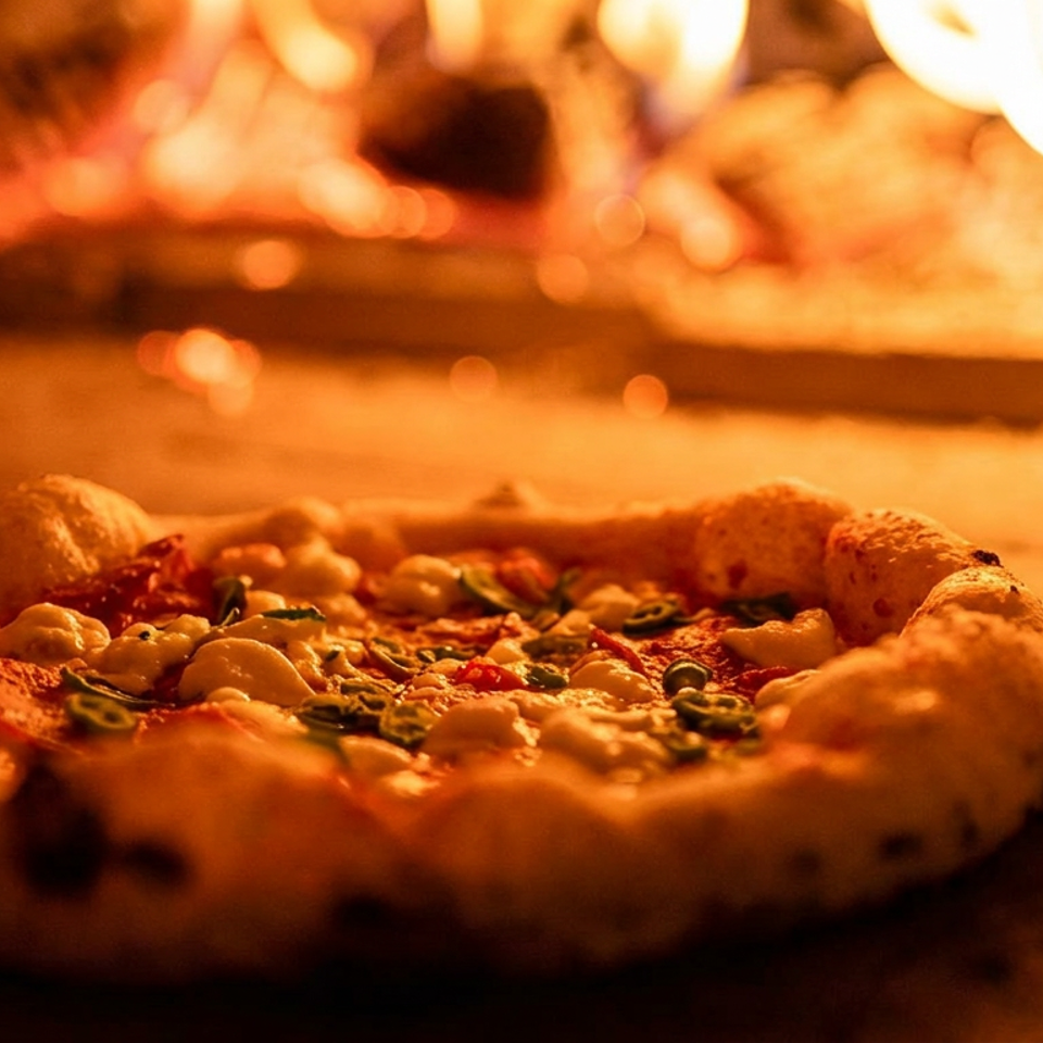 Freshly baked pizza with mushrooms, olives, and melted cheese in a wood-fired oven.