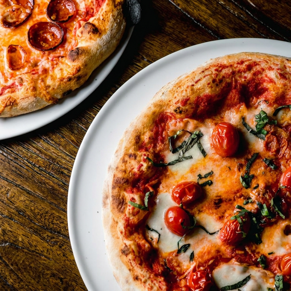 Two Neapolitan-style pizzas on white plates atop a rustic wooden table, including pepperoni and tomato-basil pizzas.