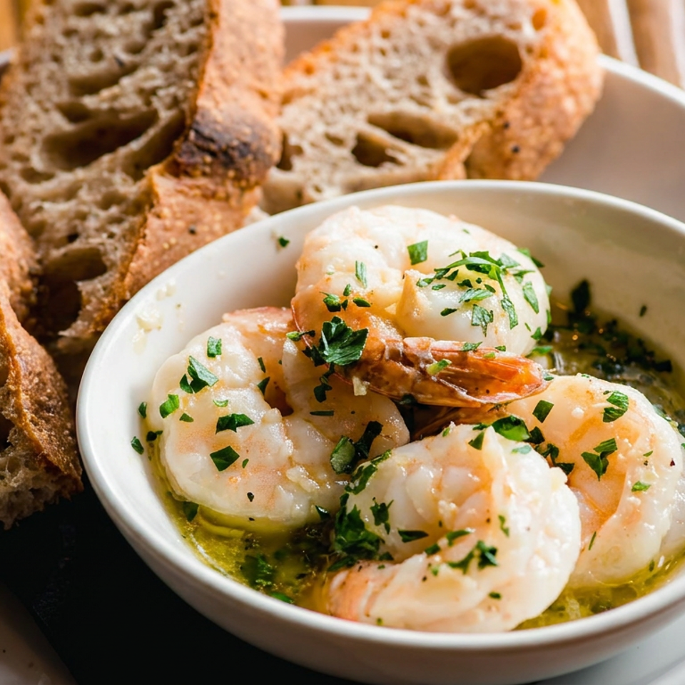 Bowl of garlic shrimp garnished with parsley in olive oil, served with slices of rustic bread on a white plate.