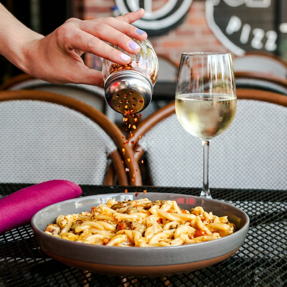 Hand sprinkles seasoning over a bowl of pasta beside a glass of white wine on a restaurant patio table.