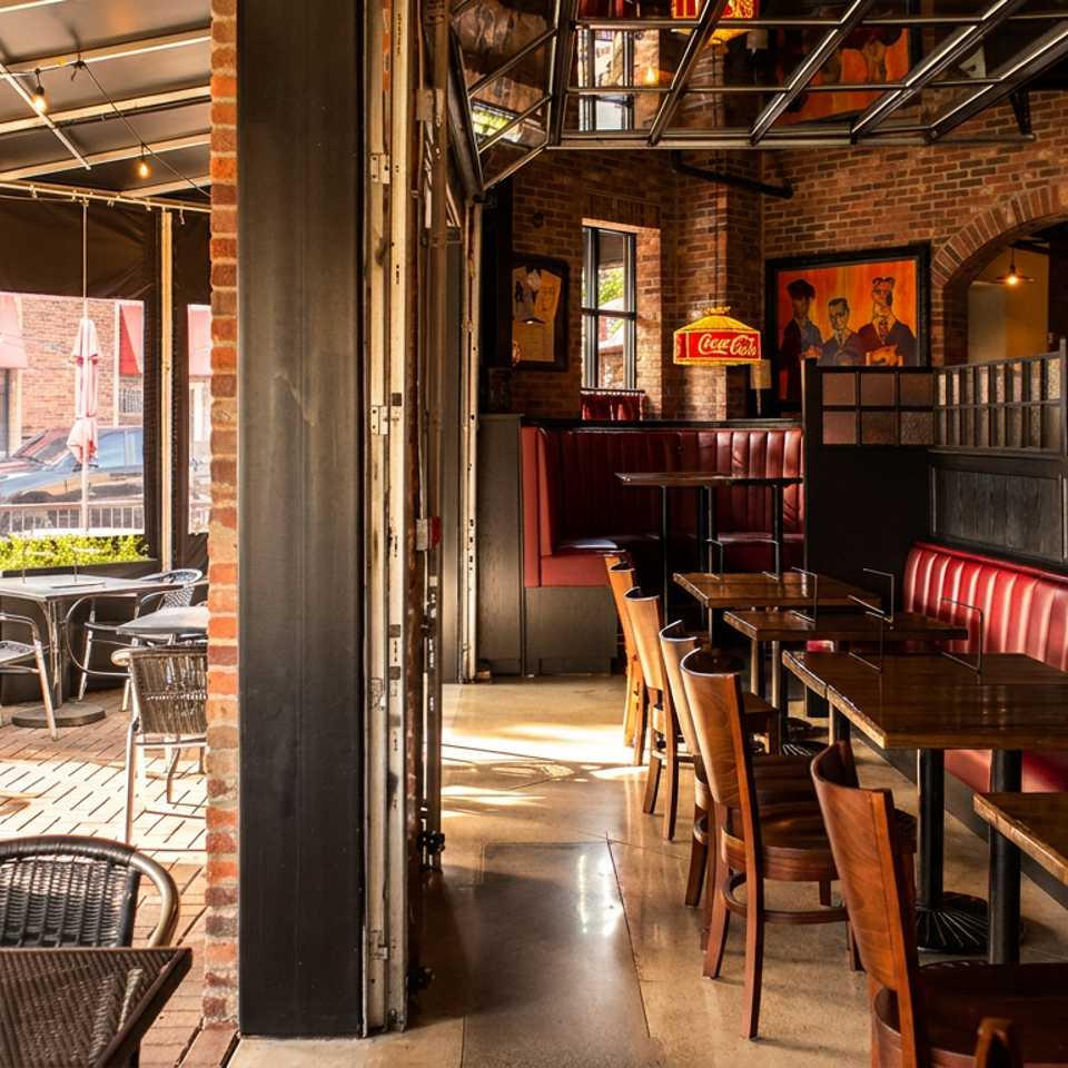 Industrial-style restaurant interior with red leather booths, wooden tables, exposed brick walls, and a sunlit outdoor patio.