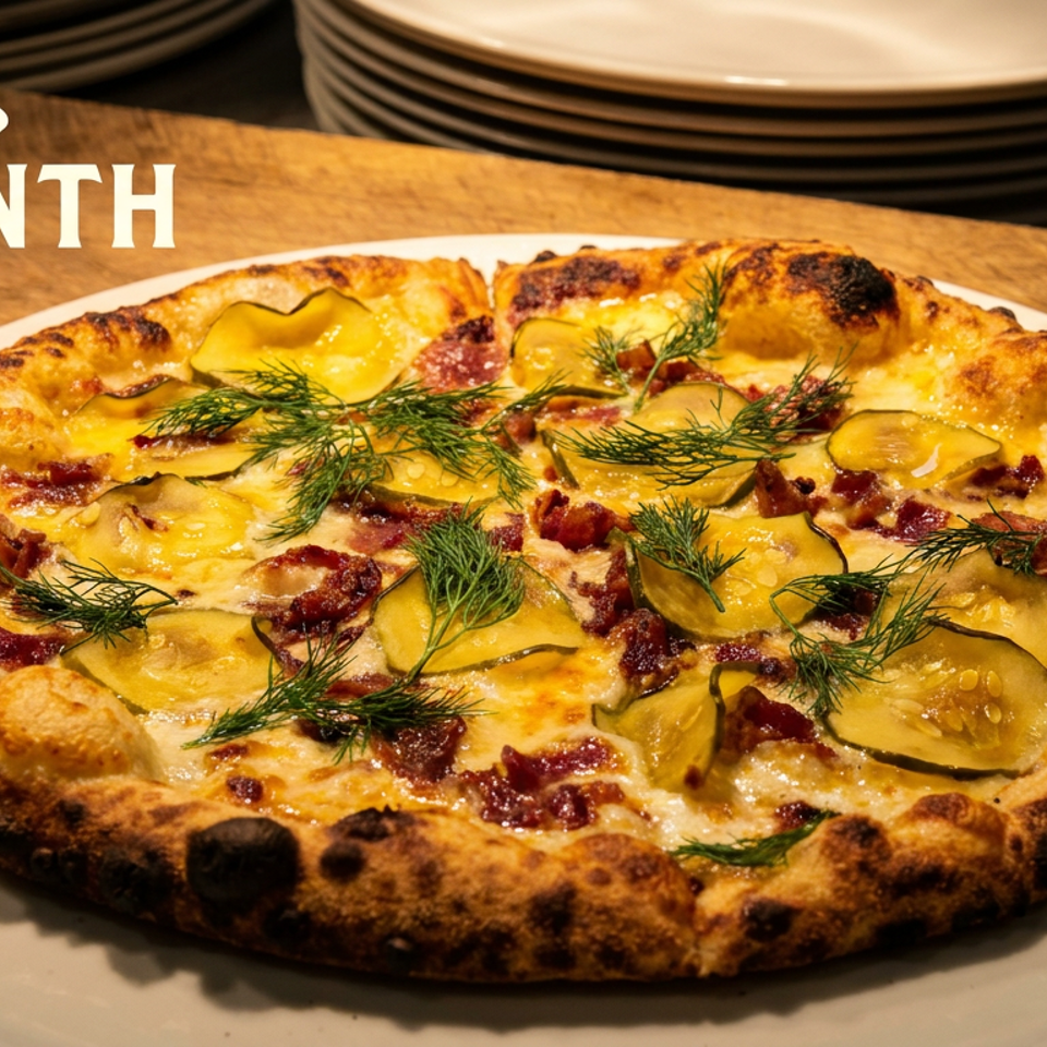 Pizza of the month featuring pickles, crispy bacon, melted cheese, and fresh dill on a wooden table.