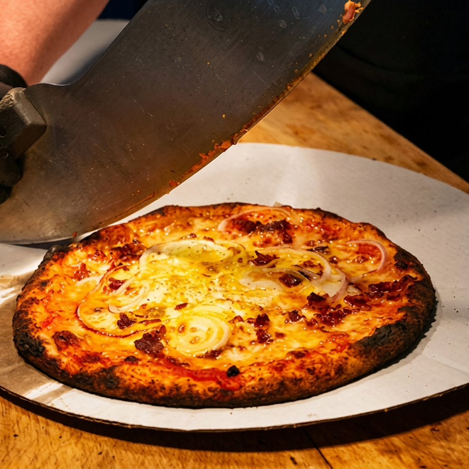 Gloved cook slices a freshly baked, charred-crust pizza topped with melted cheese, onions, and bacon on a wooden table.