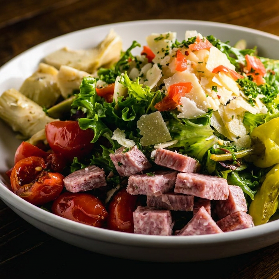 Bowl of leafy salad with sliced meat, tomatoes, banana peppers, artichokes, and shaved cheese on a wooden table.