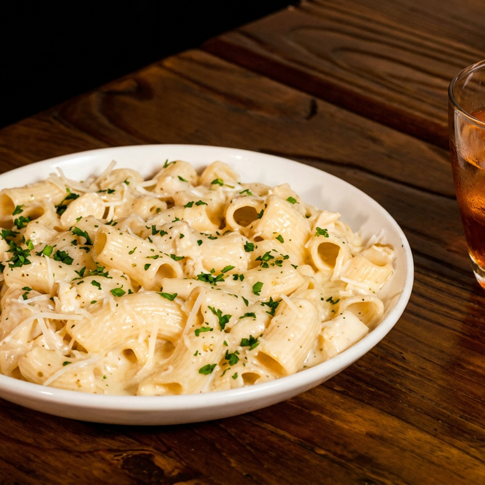 Creamy rigatoni pasta topped with parsley and grated cheese beside an amber cocktail garnished with cherries on a rustic wooden table.