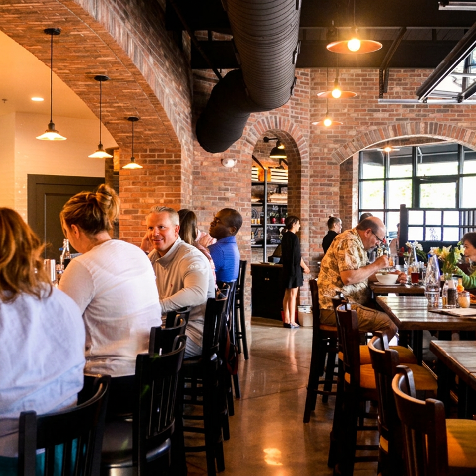 Busy restaurant dining room with exposed brick walls, warm pendant lighting, diners at tables, and a visible bar area.