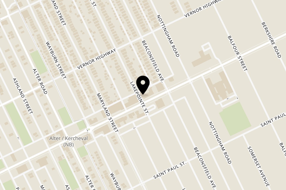 Map showing the location of The Bricks Pizzeria on 15201 Kercheval Ave in Grosse Pointe Park